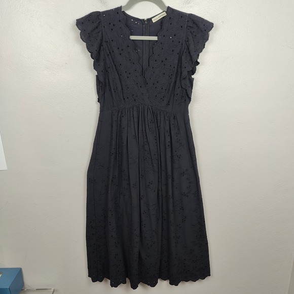 Ulla Johnson Louise Dress Womens 0 Black Cotton Linen Eyelet Midi Flutter Sleeve - Picture 2 of 7